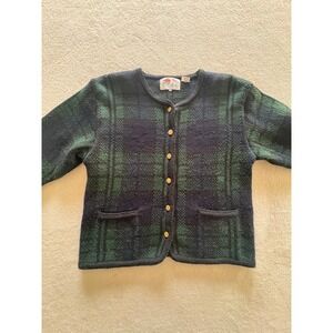 Vintage Tally-Ho Black Watch Plaid Cardigan Sweater Green Navy Medium